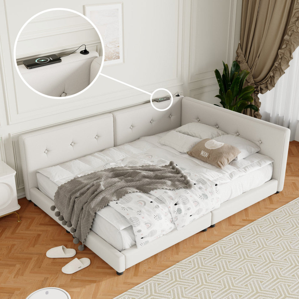 Gewnee Upholstered Queen Size platform bed with USB Ports, Beige