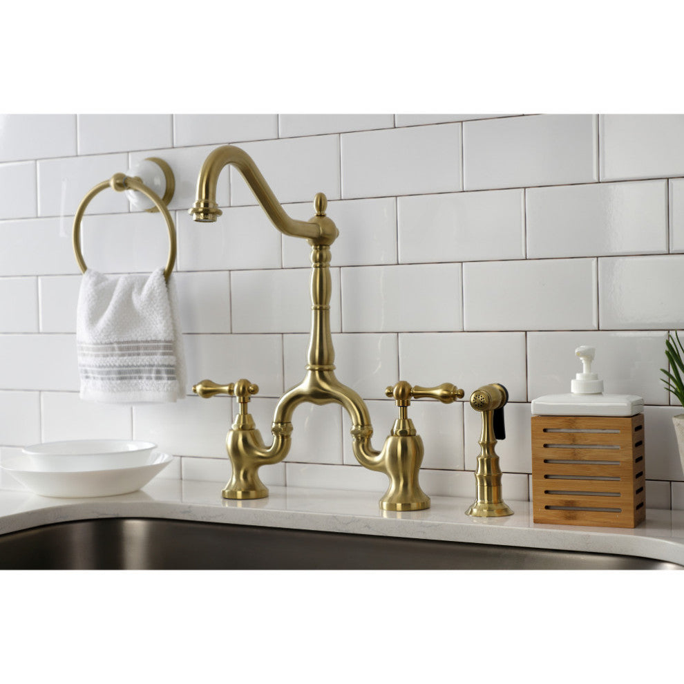 KS7757ALBS Country Kitchen Bridge Faucet With Brass Sprayer, Brushed Brass