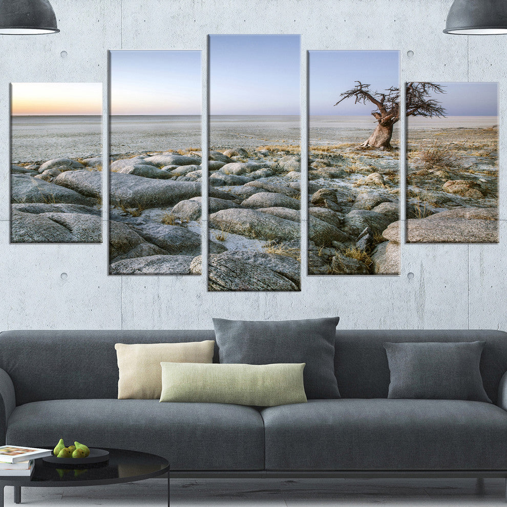 Baobab Tree on Rocky Terrain, Large Landscape Canvas Art, 60"x32", 5 Panels