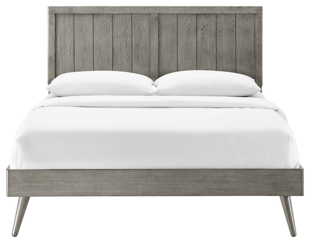Platform Bed Frame, King Size, Wood, Gray, Modern Mid-Century, Bedroom