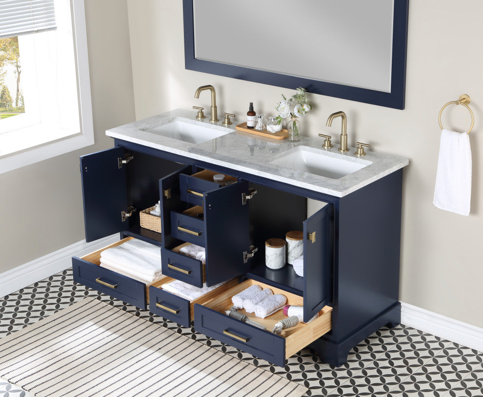 60" W Double Freestanding Bath Vanity, Blue With White Marble Top
