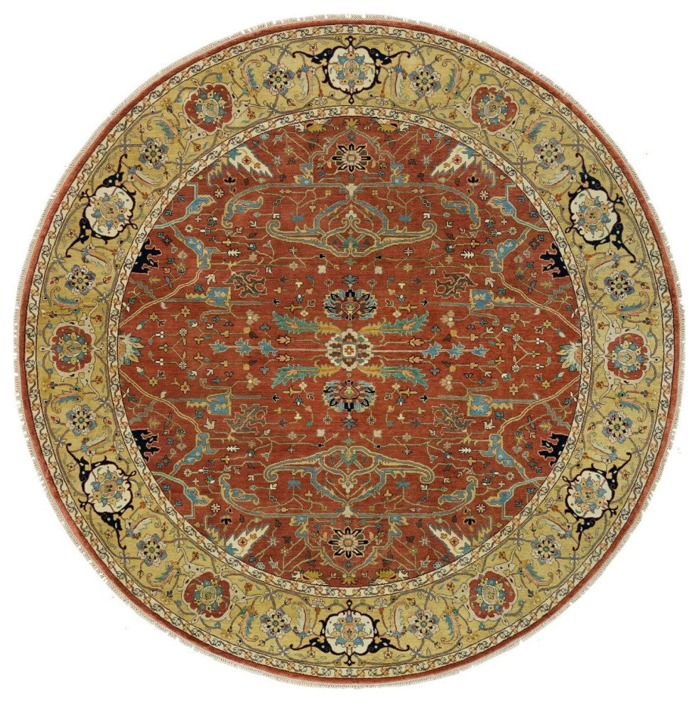 Rust Red Fine Heris Re-Creation Wool Hand Knotted Round Oriental Rug 10'x10'