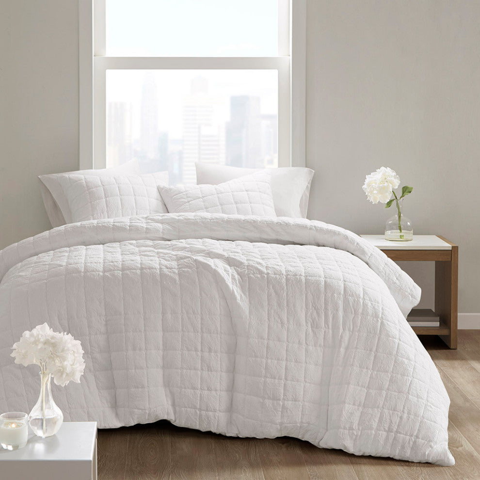 N Natori Cocoon Crushed Microfiber Quilted Comforter/Duvet Cover Set, White, Kin