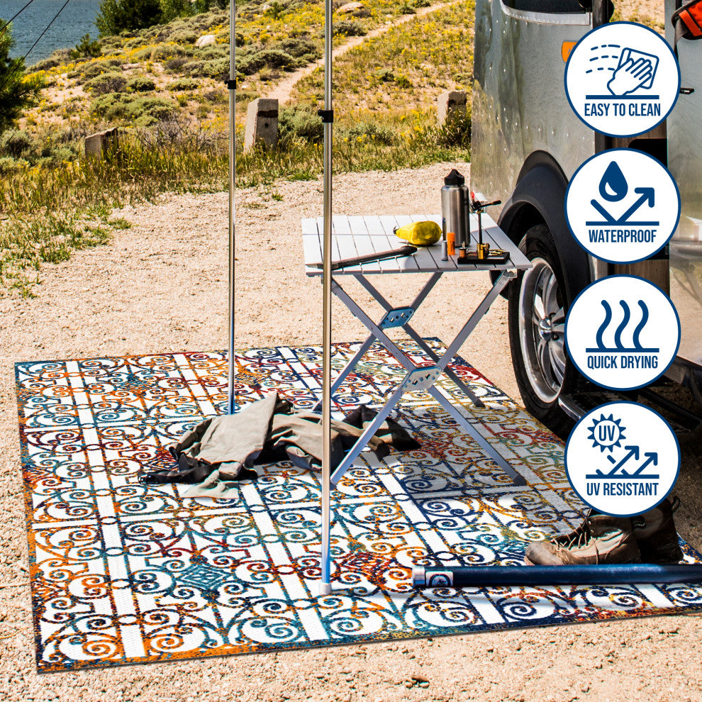Cetara Ornate Trellis Indoor/Outdoor Area Rug, Cream/Blue/Orange, 2 X 8