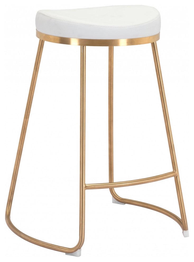 Set of Two White and Gold Modern Glam Geo Backless Counter Stools