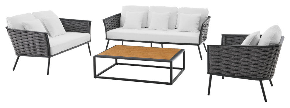 Lounge Sectional Sofa Chair Table Set, Aluminum, Modern, Outdoor, White