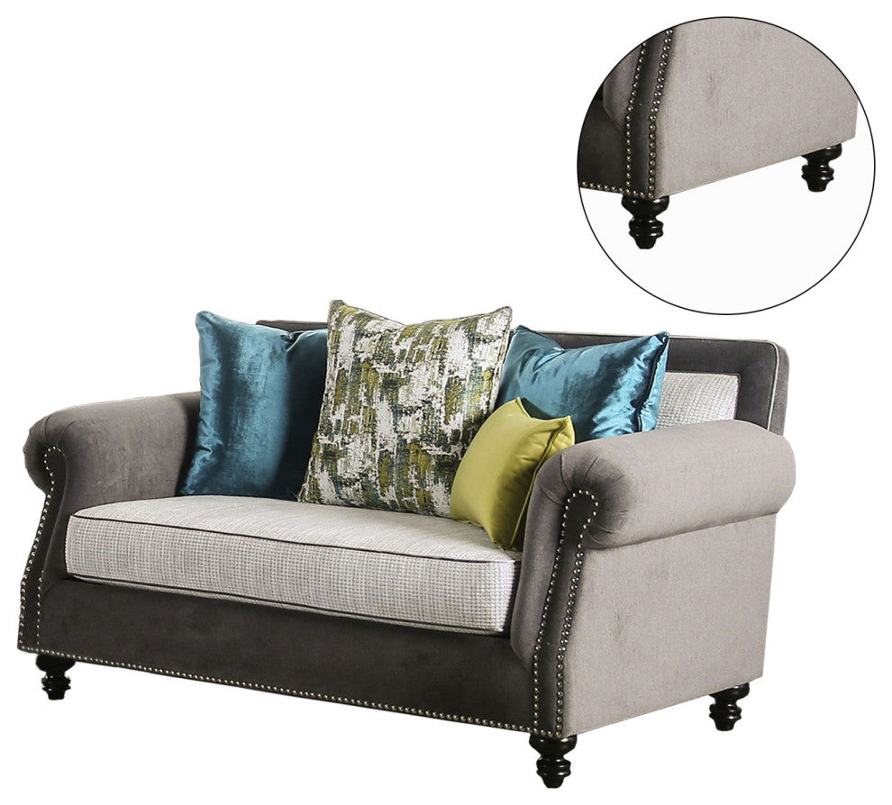Wooden and Microfiber Loveseat with Nailhead Trim, Gray