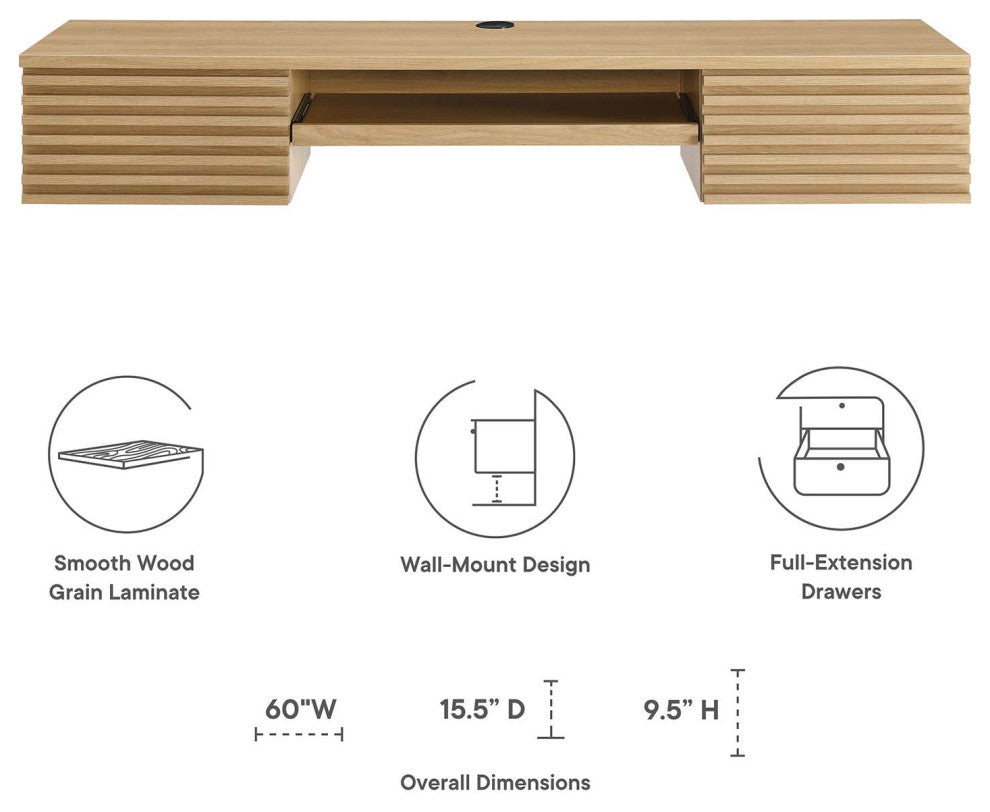 Render Wall Mount Wood Office Desk, Oak