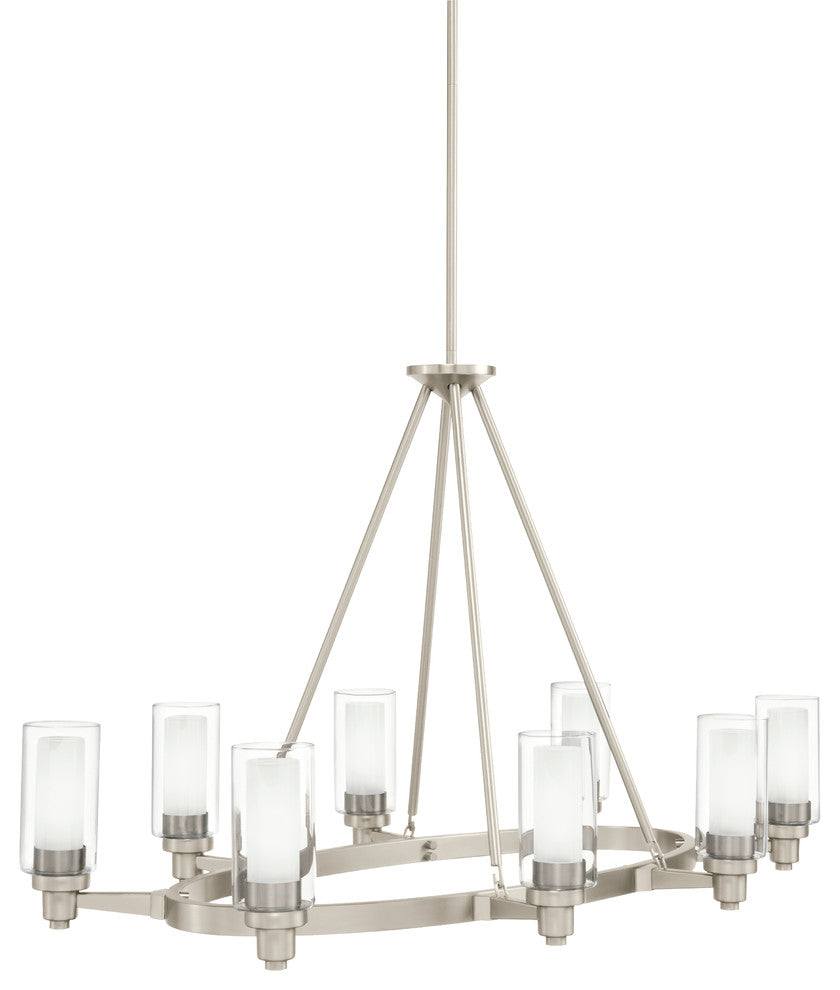 Oval Chandelier 8-Light, Brushed Nickel/Clear With Satin Etched Cased Opal Glass