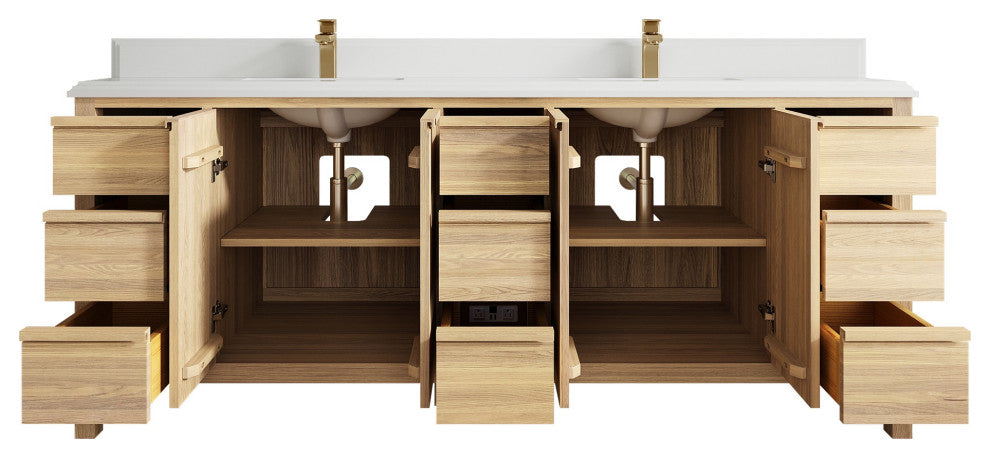 Elizabeth Oak 84" Double Sink Vanity, White 1.5" White Quartz