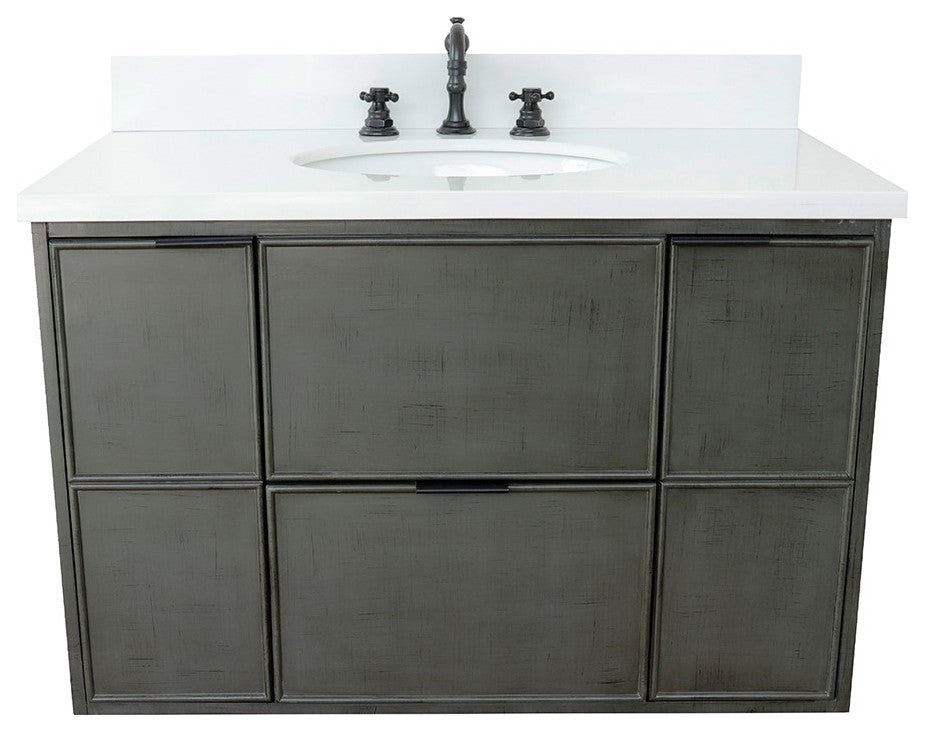 37" Single Wall Mount Vanity, Linen Gray Finish With White Engineered Stone Top