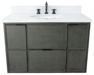 37" Single Wall Mount Vanity, Linen Gray Finish With White Engineered Stone Top