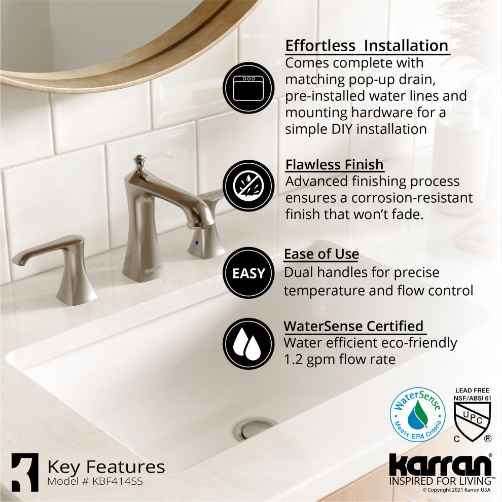 Karran 3-Hole 2-Handle Bathroom Faucet With Pop-Up Drain, Stainless Steel
