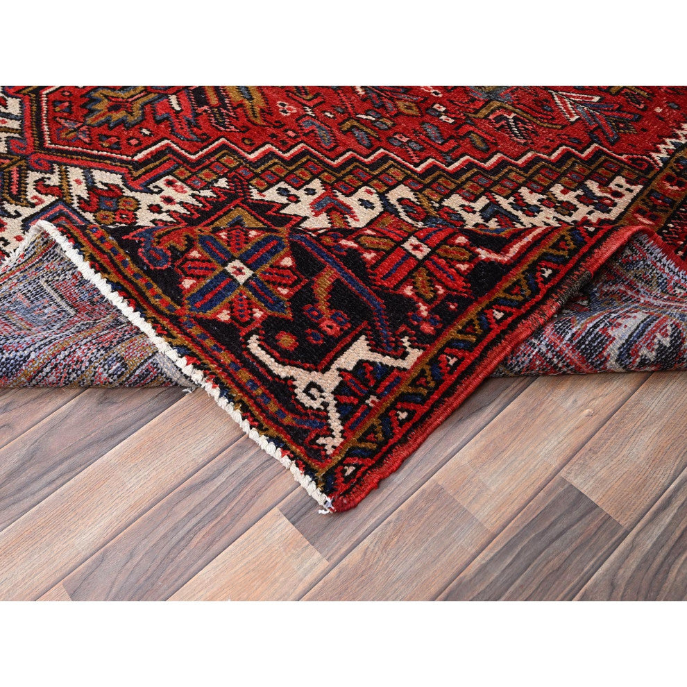 Carmine Red Vintage Persian Heriz Pure Wool Hand Knotted Oriental Rug 7'8"x11'