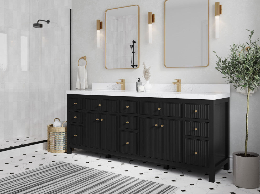 Sonoma 84 Double Sink Reeded Bath Vanity in Black 2" Calacatta Nuvo