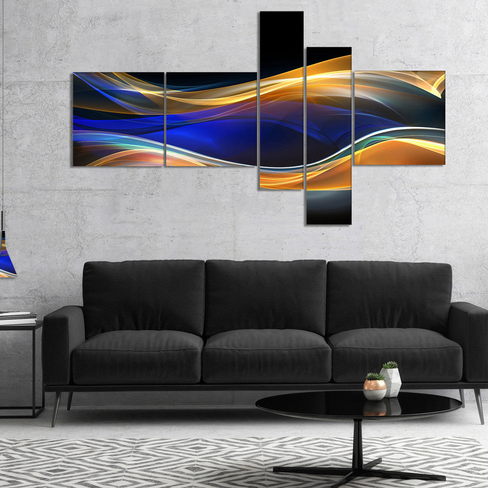 3D Gold Blue Wave Design, Abstract Canvas art print, 60"x32", 5 panels