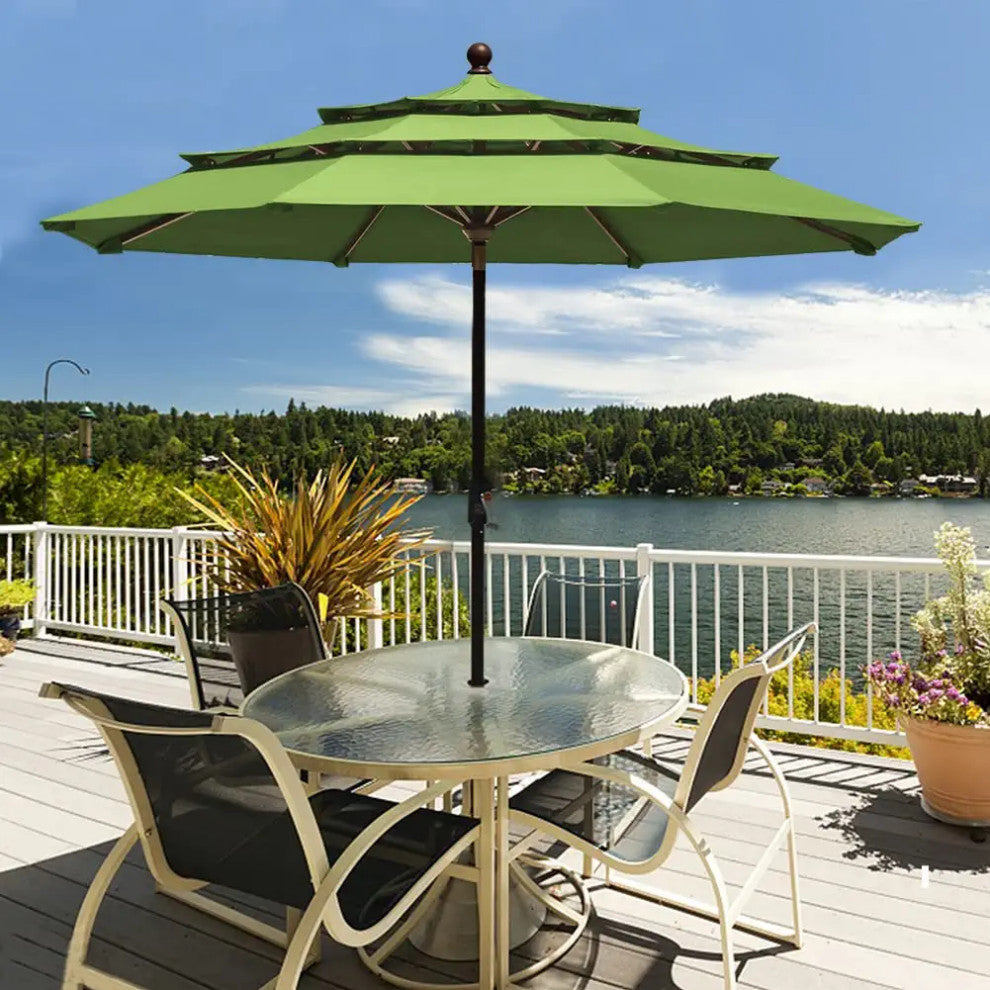 9ft Patio Umbrella with Crank Lift and Ventilated 3 Tier Design, Mascaw Green