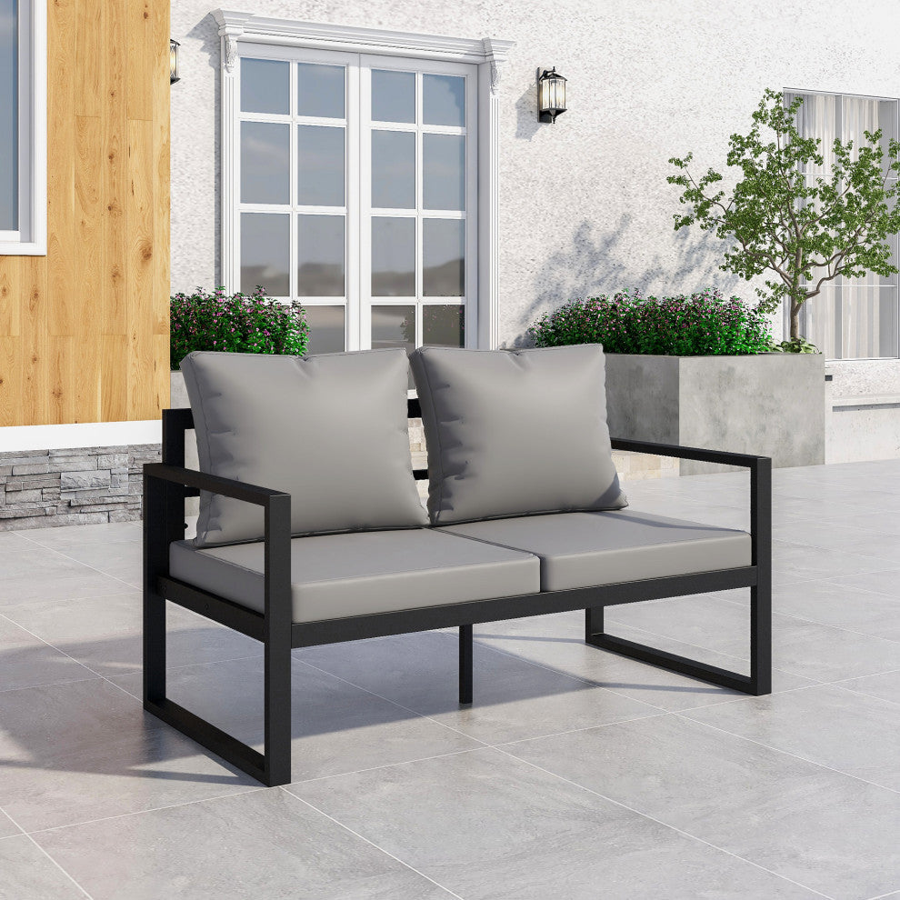 Outdoor Black Metal Patio Loveseat Sofa Chair With Cushions
