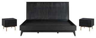 3 Pieces Bedroom Set, King Panel Headboard Bed & 2 Nightstand, Black Brushed Oak