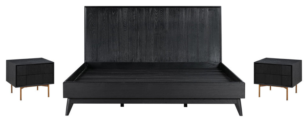3 Pieces Bedroom Set, King Panel Headboard Bed & 2 Nightstand, Black Brushed Oak