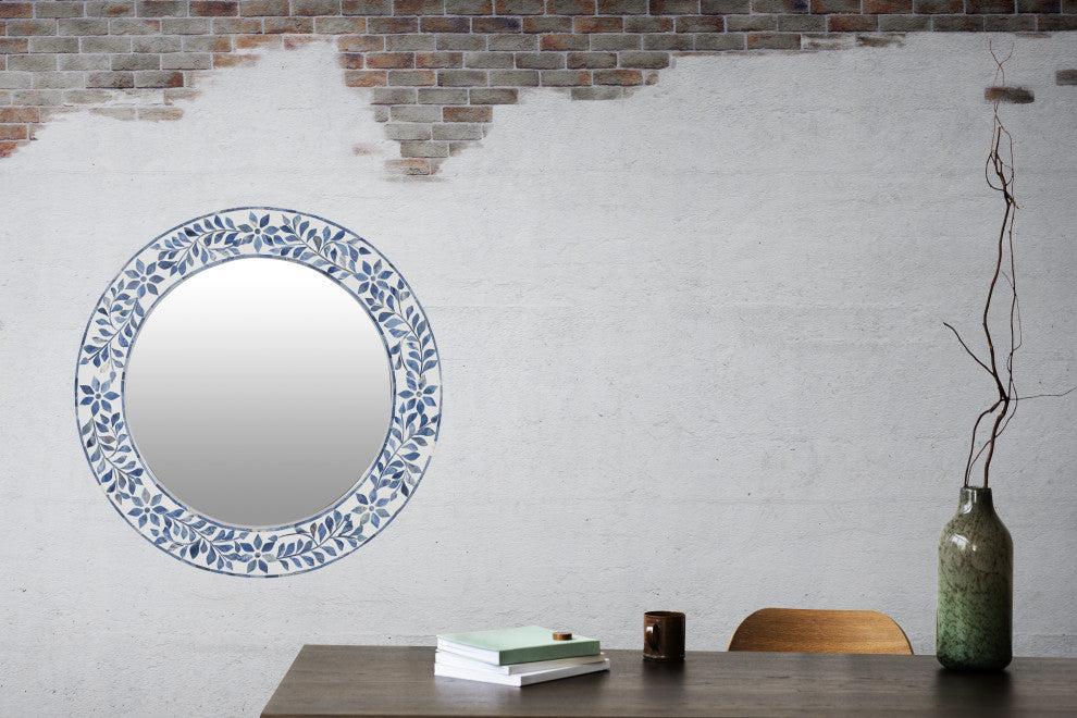 Blue Leaf Bone Inlay Round Mirror, 26"