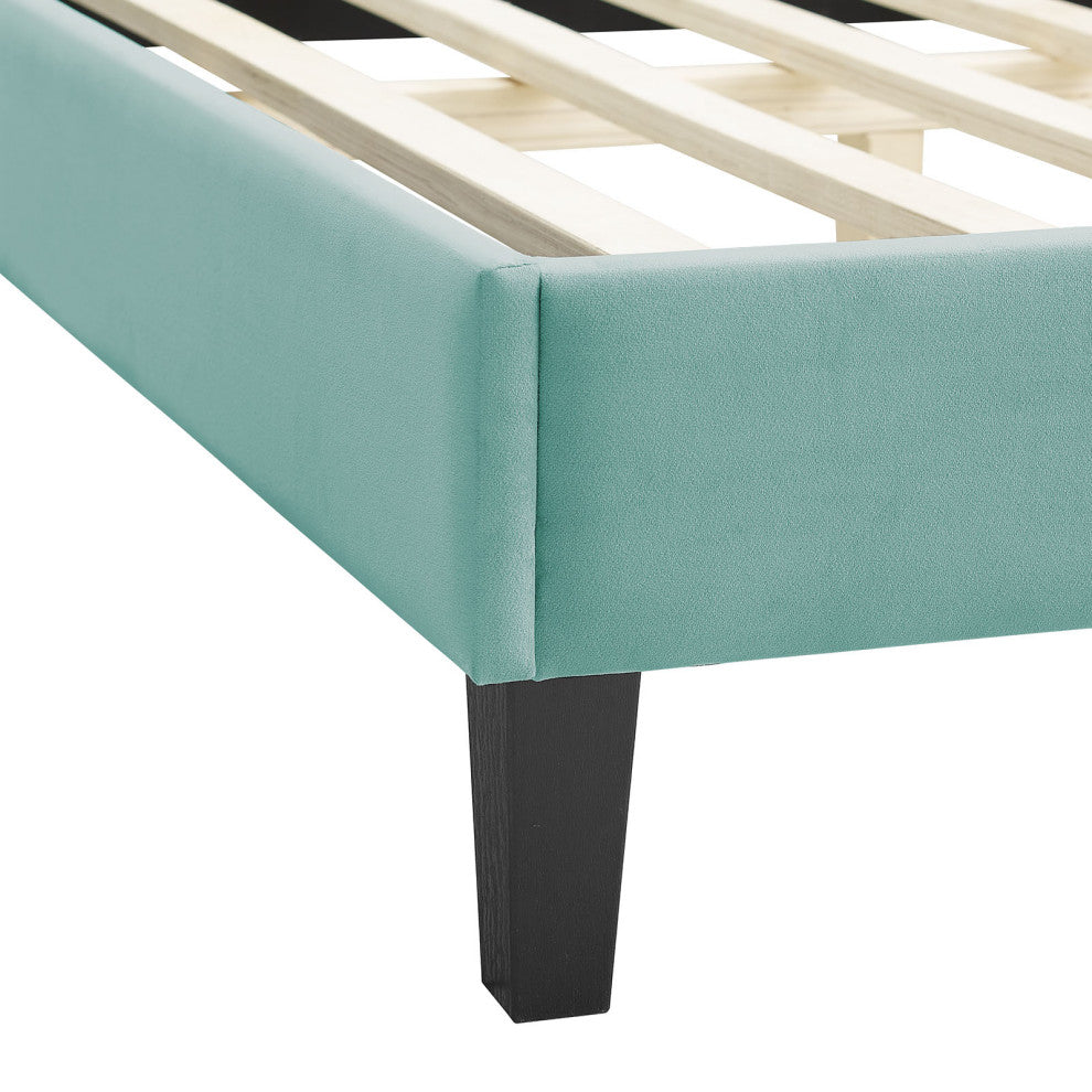 Platform Bed Frame, King Size, Blue, Velvet, Modern, Bedroom Master Guest Suite