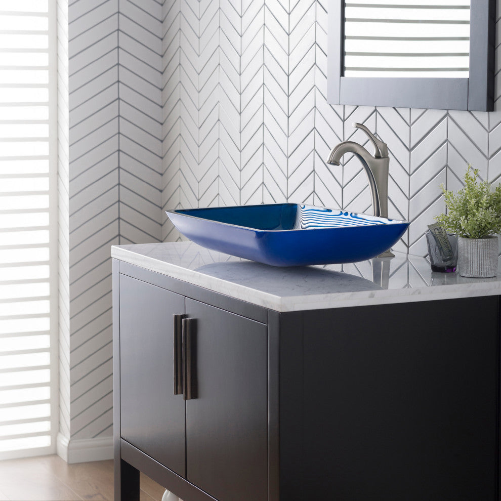 Glass Vessel Sink, Bathroom Arlo Faucet, PU Drain, Mounting Ring, Spot Free Stainless Steel
