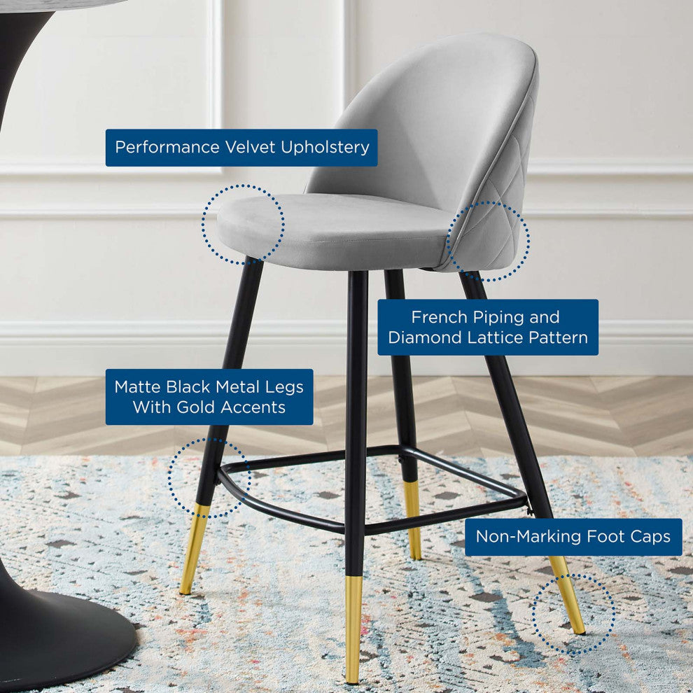 Counter Stool Chair, Set of 2, Velvet, Metal, Gray, Modern, Bar Pub Bistro