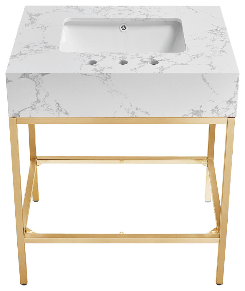 Marmo Bathroom Vanity, White, 30" Wide, Brushed Brass Finish