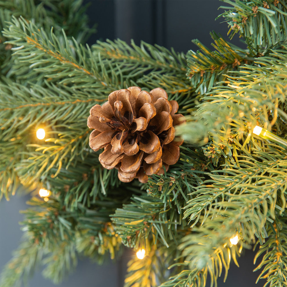 24"D Pre-Lit Greenery Pine Cone Christmas Wreath With Warm White LED Light