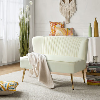 Velvet Tufted Loveseat Sofa With Golden Base, Ivory
