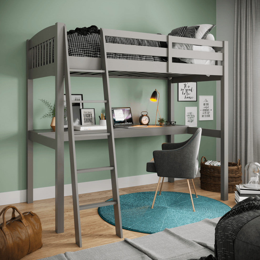 Gray Solid Wood Twin Size Loft Bed With Desk and Storage