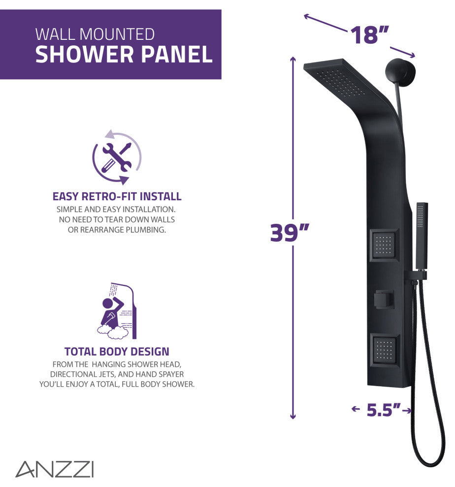Aura 2-Jetted Shower Panel With Heavy Rain Shower and Spray Wand, Matte Black