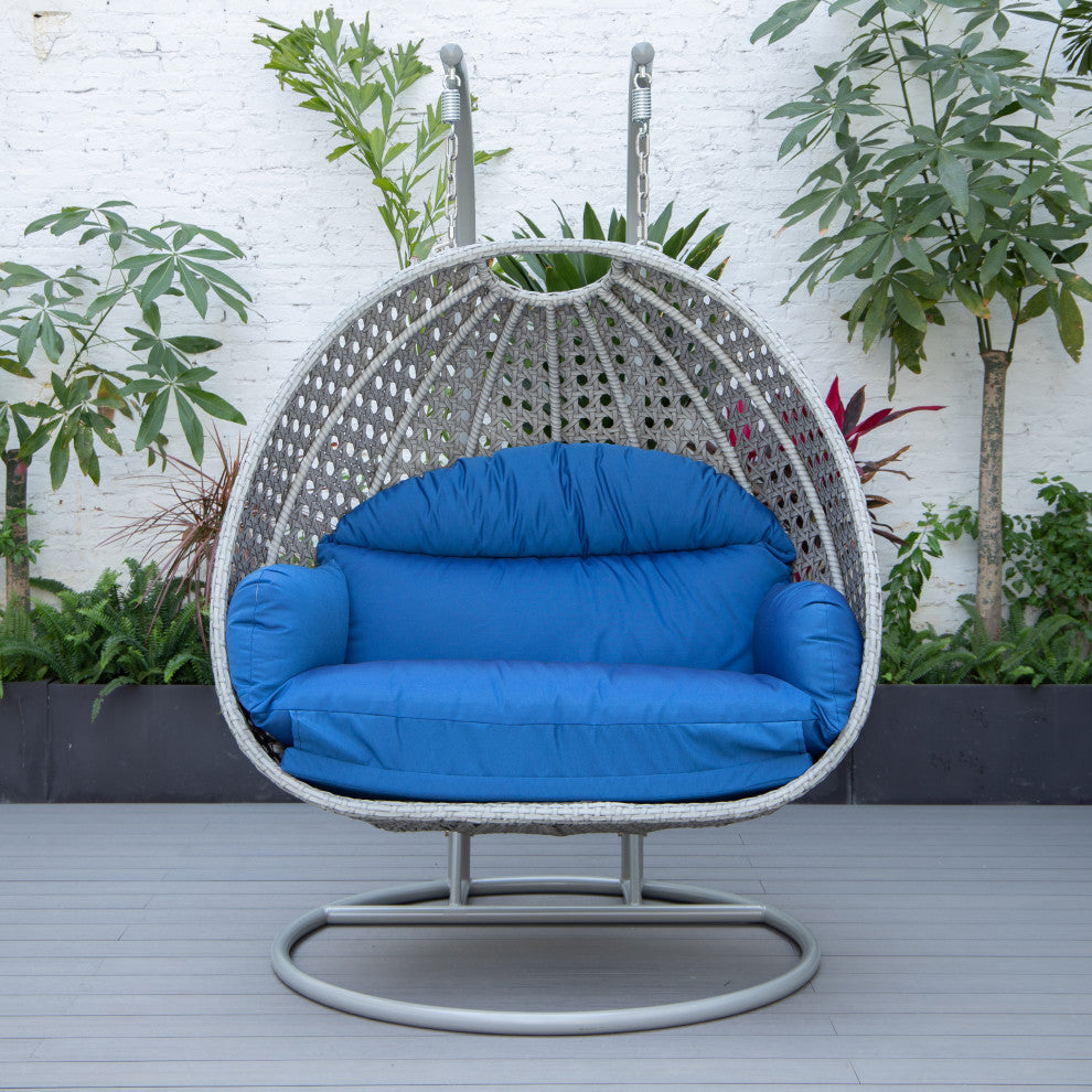 LeisureMod Mendoza Light Gray Wicker Hanging Double Egg Swing Chair, Blue