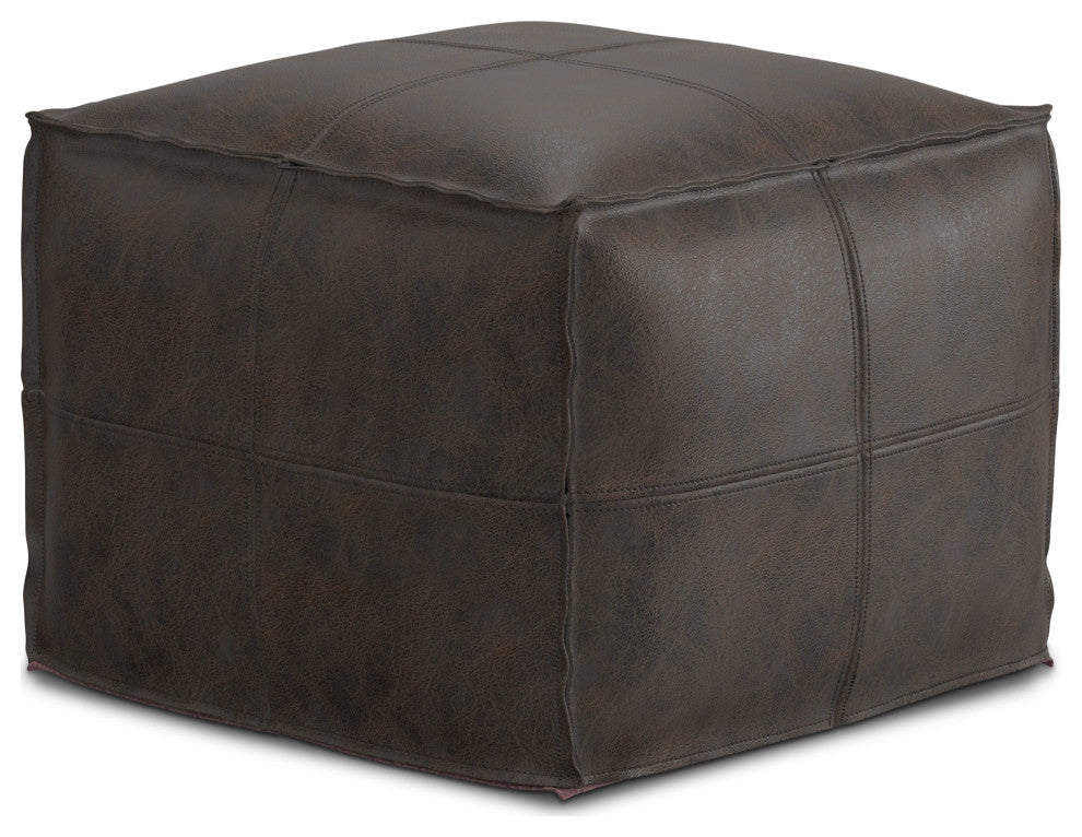 Sheffield Square Pouf, Distressed Dark Brown Leather