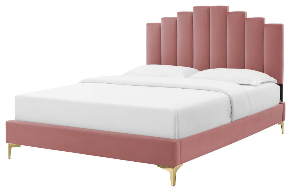 Platform Bed Frame, King Size, Velvet, Pink, Modern Contemporary, Bedroom Master