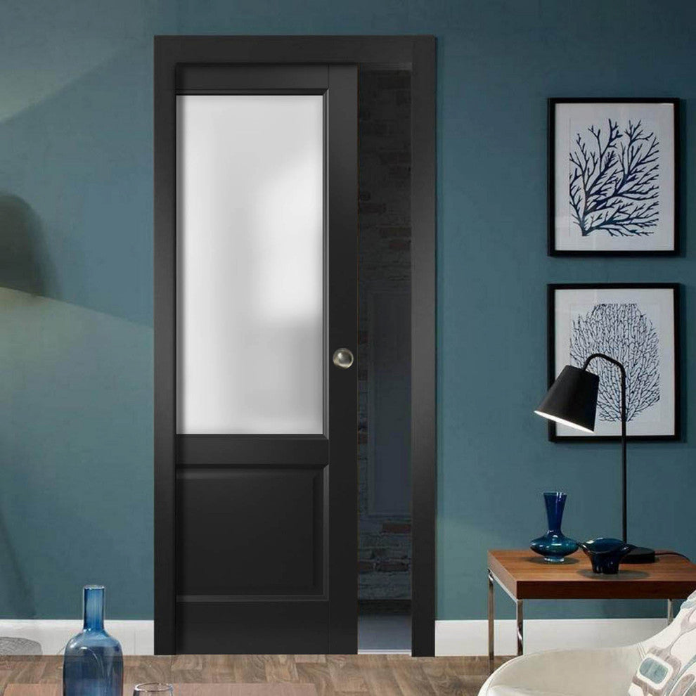 Sliding Pocket Door 36 x 80, Lucia 22 Black Frosted Glass, Rails