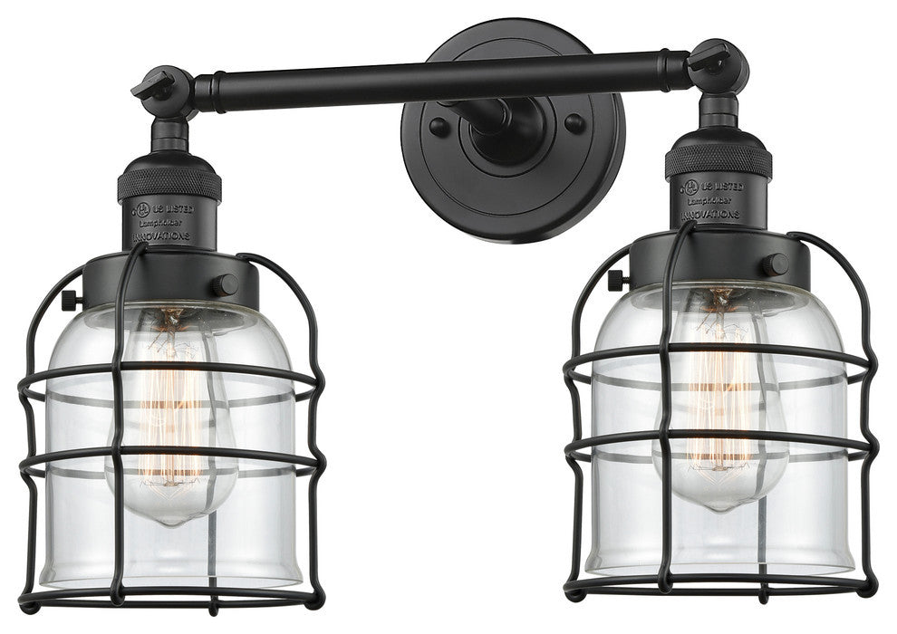 2-Light Small Bell Cage 18" Bath Fixture, Matte Black, Glass: Clear