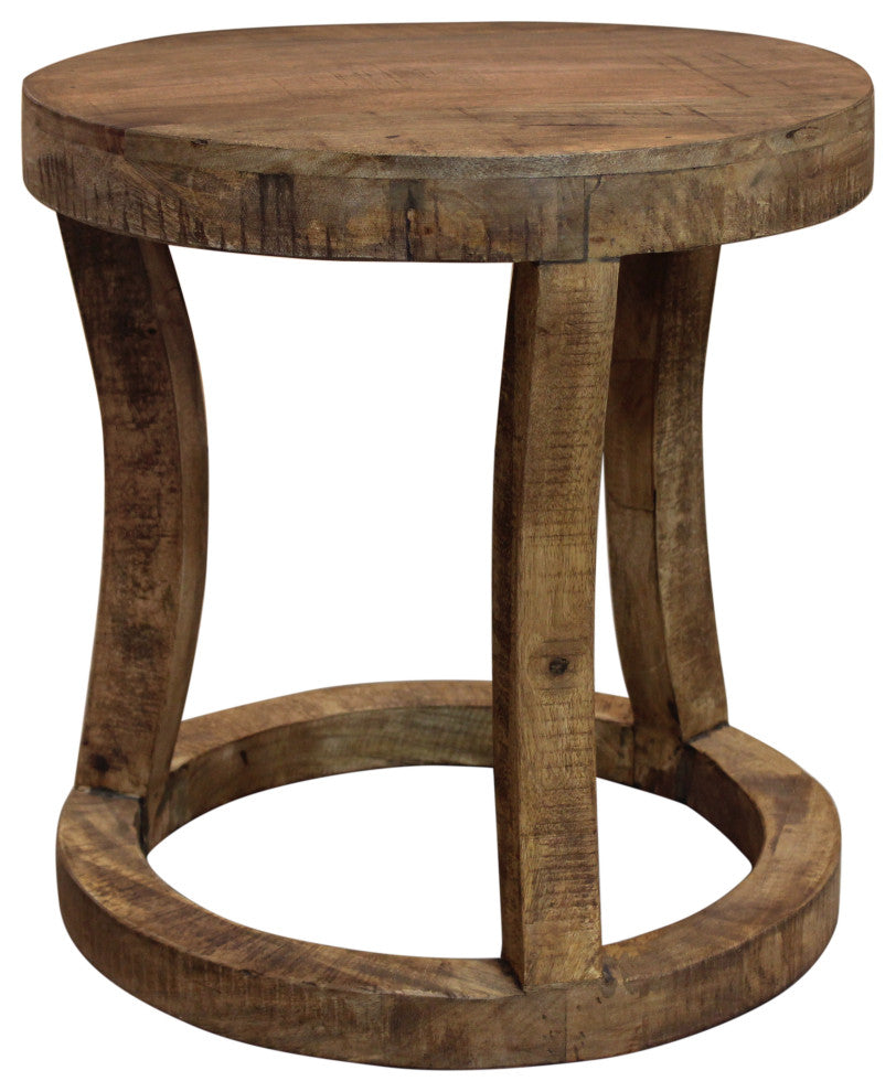 Koda Solid Wood Round Accent Stool With Circle Base, Natural Brown Fin