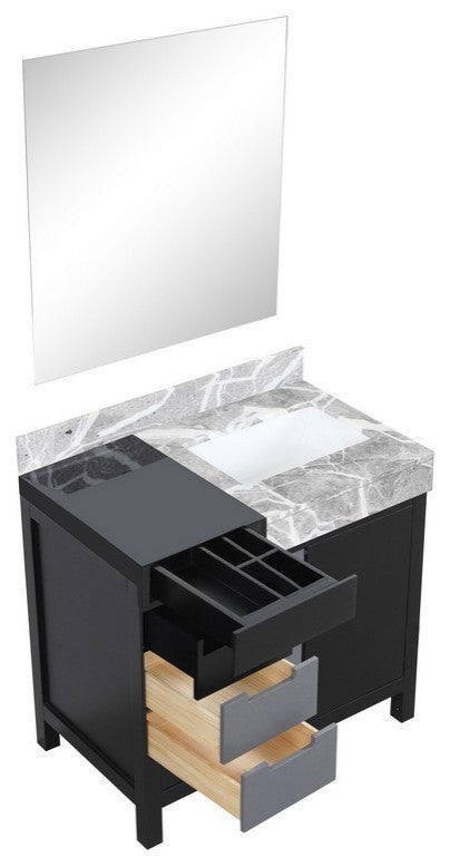 Zilara 36" Black and Grey Vanity, Castle Grey Marble Top, 30" Frameless Mirror