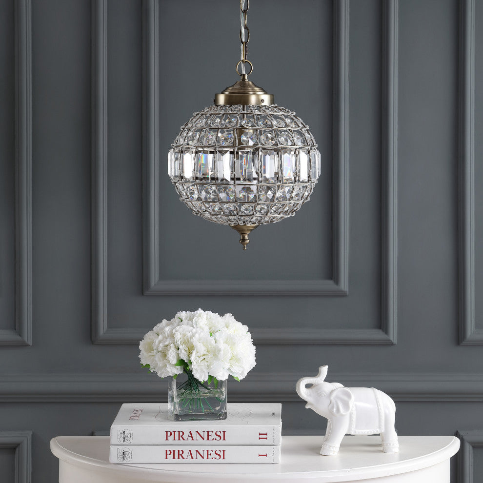 Georgina Crystal, Metal LED Chandelier Pendant, Antique Brass, 12"
