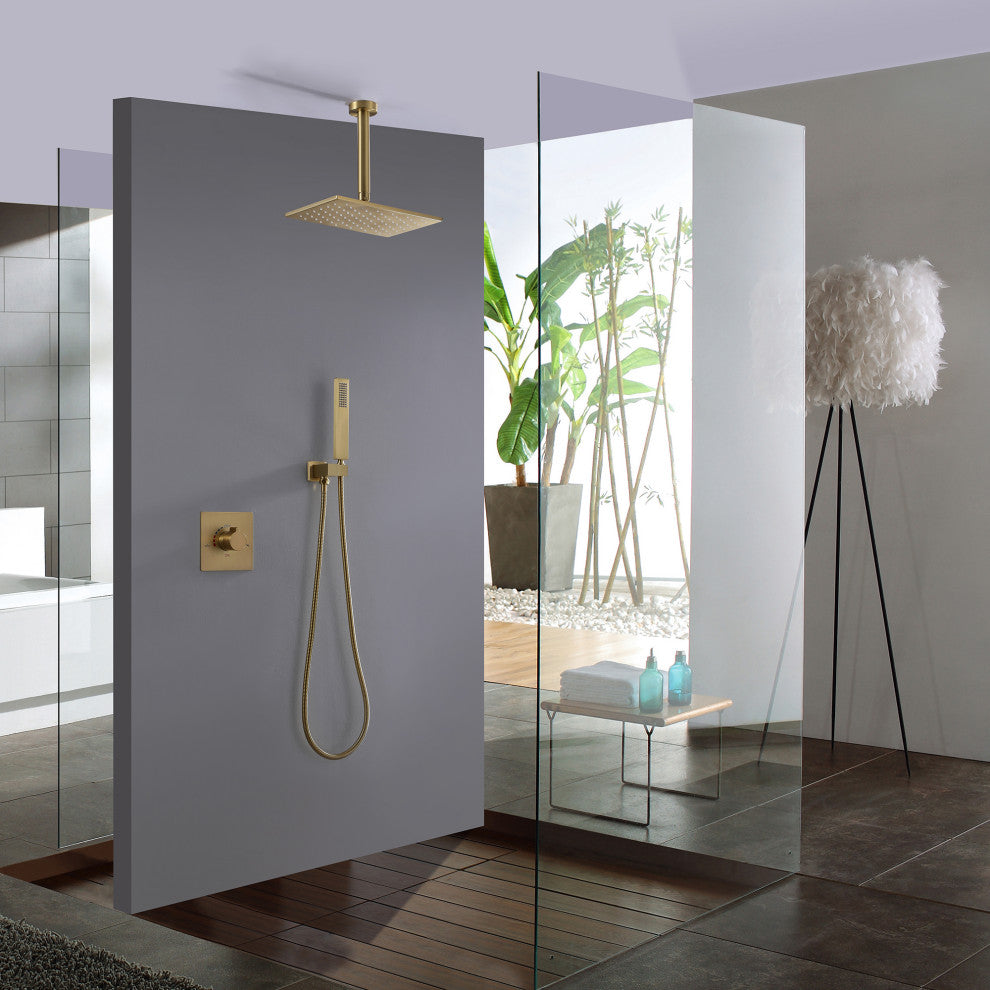 Ceiling Mounted Rain Shower System with Hand Shower-Includes Rough-in Valve, Brushed Gold