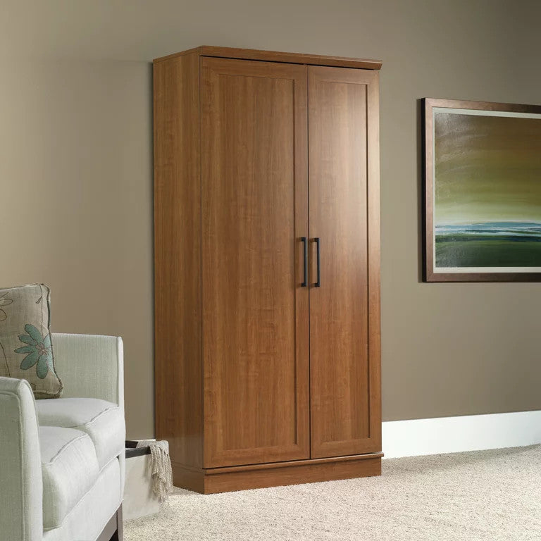 Transitional Storage Cabinet, Frame Paneled Doors With Metal Handles, Sienna Oak