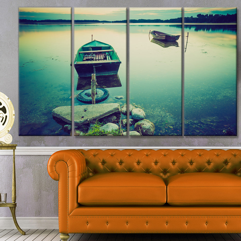 Boats in Vintage Style Lake, Boat Canvas Art Print, 48"x28", 4 Panels