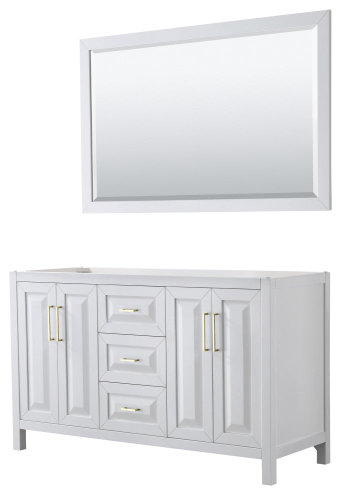60" Double Bath Vanity, White, No Countertop, 58" Mirror, Gold Trim