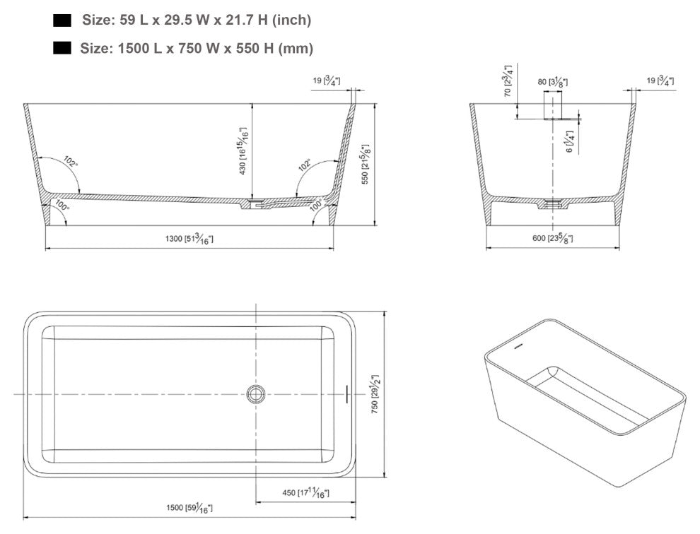 Vanity Art Solid Surface Resin Stone Freestanding Bathtub, Glossy White, 59 in. X 30 in.