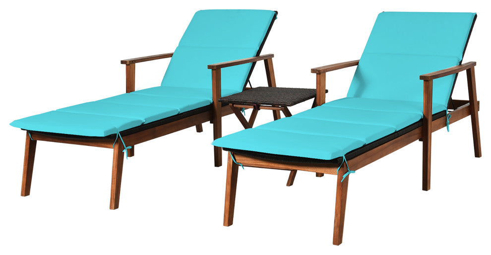 Costway 3PCS Patio Rattan Lounge Chair Folding Table Set Cushioned Turquoise