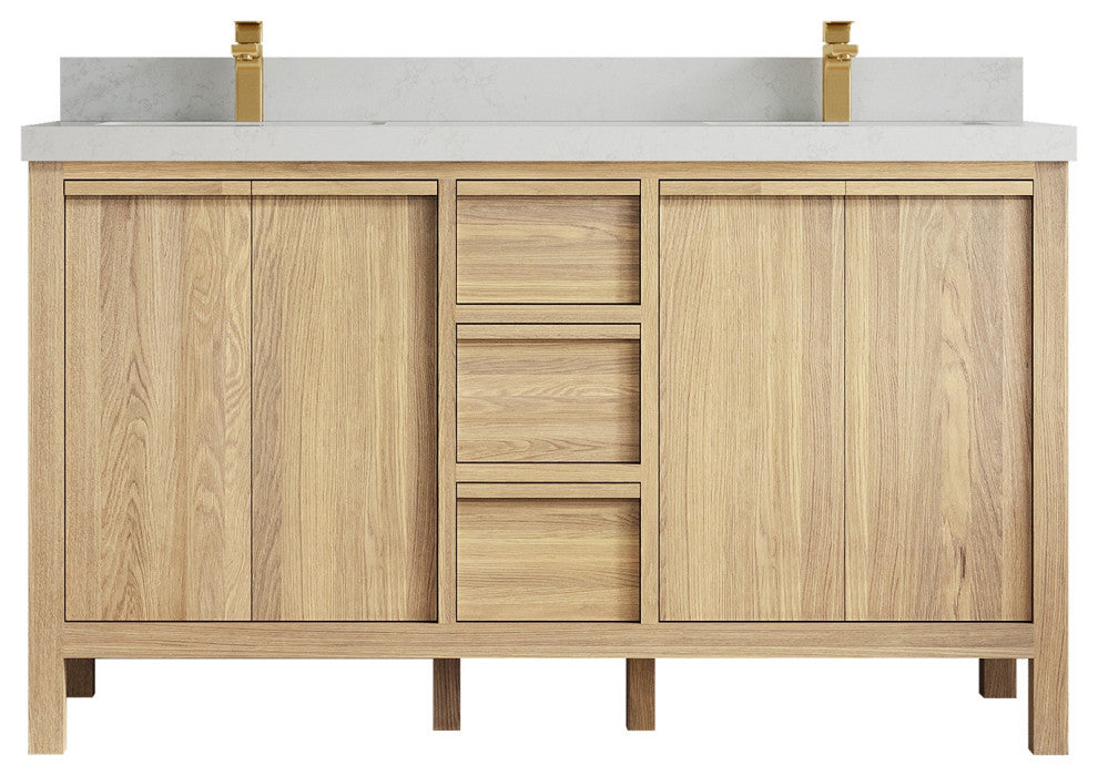 Elizabeth Oak 60" Double Sink Vanity, White 2" Carrara Quartz