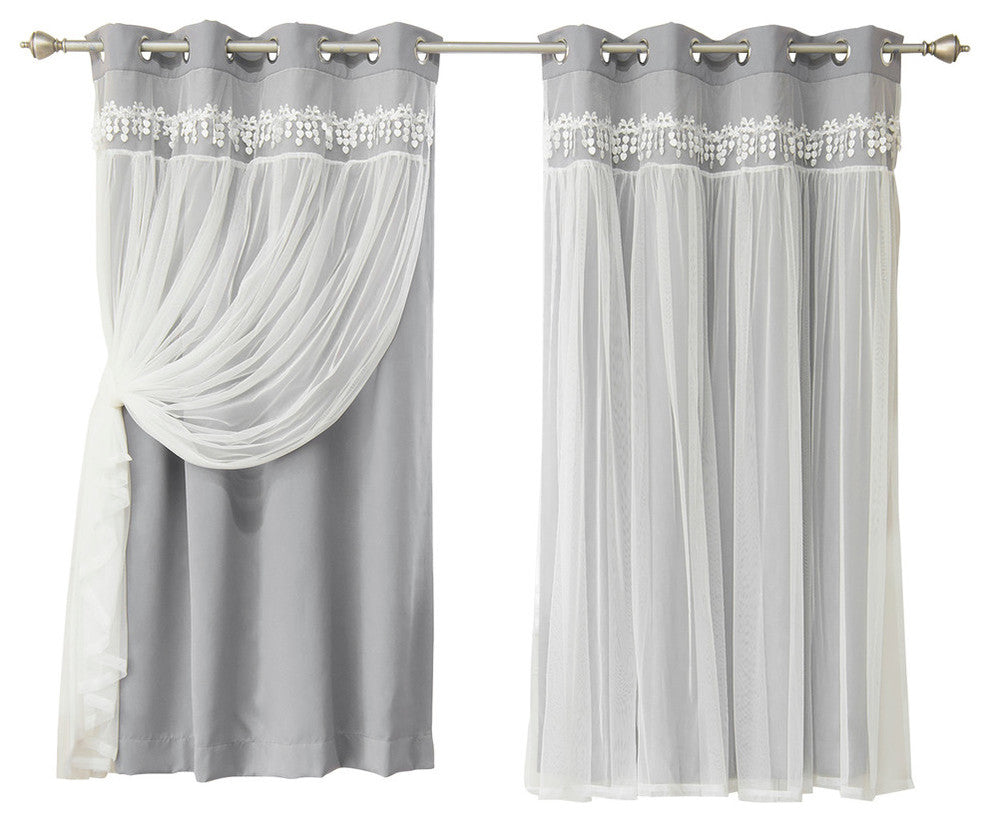 Lace Overlay Blackout Curtains, Gray, 96"