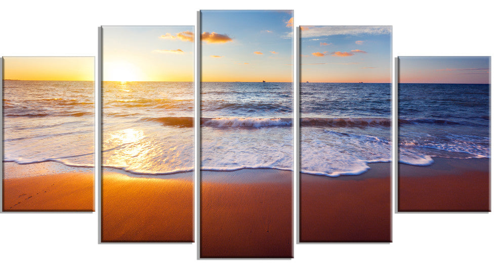 "Stunning Blue Waves And Brown Sand" Beach Canvas Wall Art, 5 Panels, 60"x32"